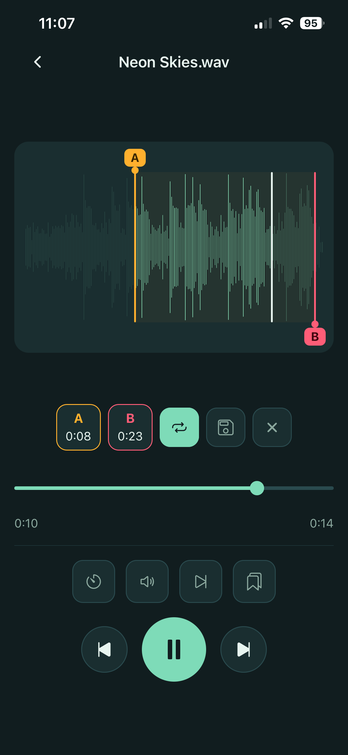 The Refrain player showing a waveform with orange A and pink B loop markers set around a section of the track, transport controls below