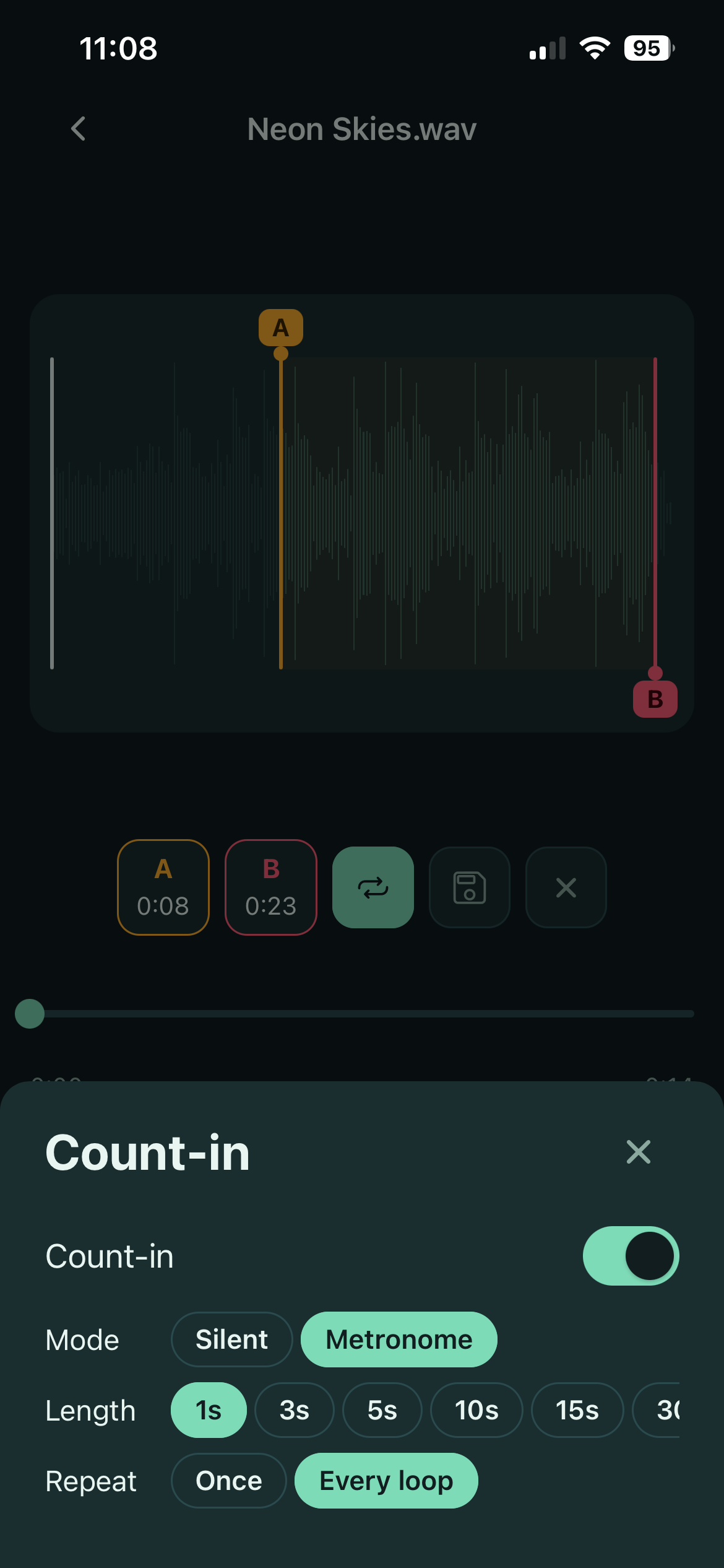 The Count-in settings panel, with a toggle, Silent or Metronome mode, a length from 1 second to 30 seconds, and Once or Every loop repeat options