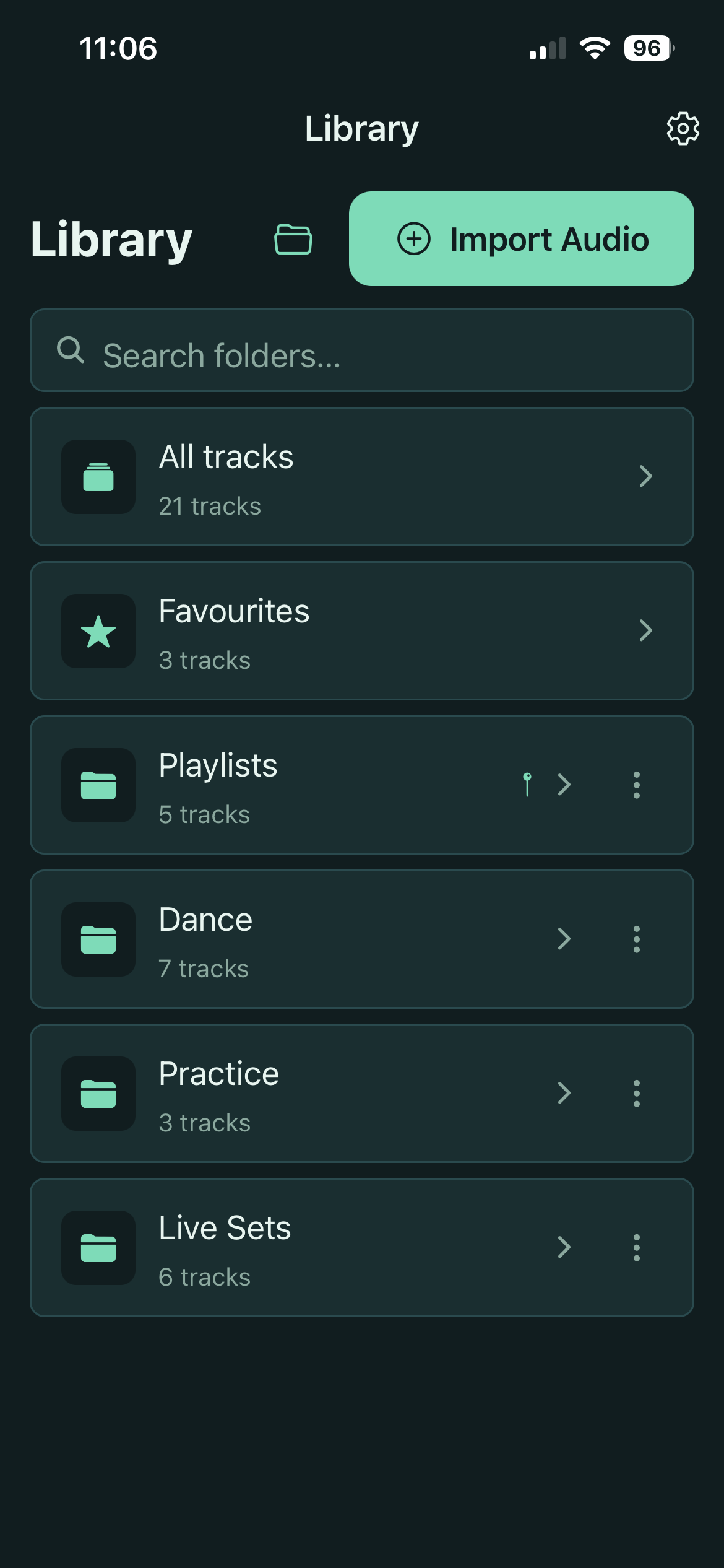 The Refrain library screen, listing All tracks, Favourites, and folders like Playlists, Dance, Practice, and Live Sets, with an Import Audio button