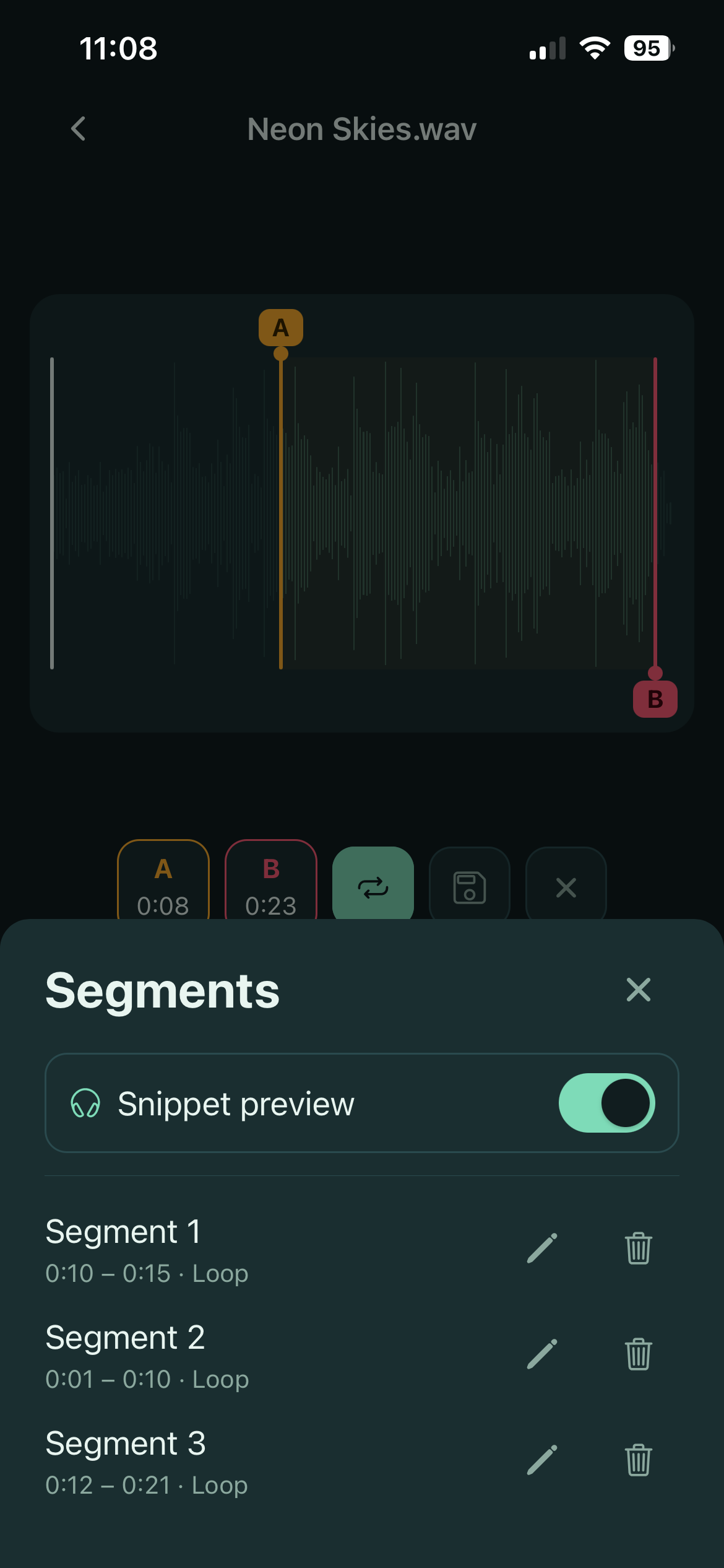 The Segments panel, listing three saved loop segments with their time ranges, a snippet preview toggle, and edit and delete controls for each