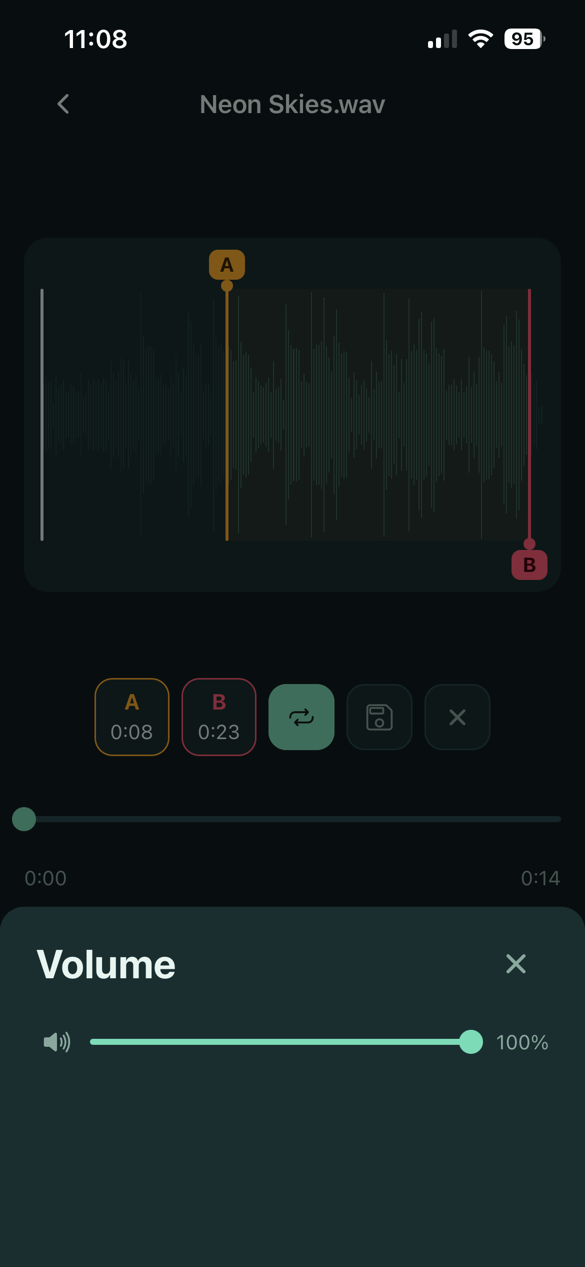The Skip settings panel, with skip lengths from 1 second up to 5 minutes or the full track